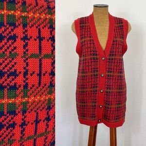 Vintage Women’s Liz Sport M Classic Plaid Long Sweater Vest Button Front 90’